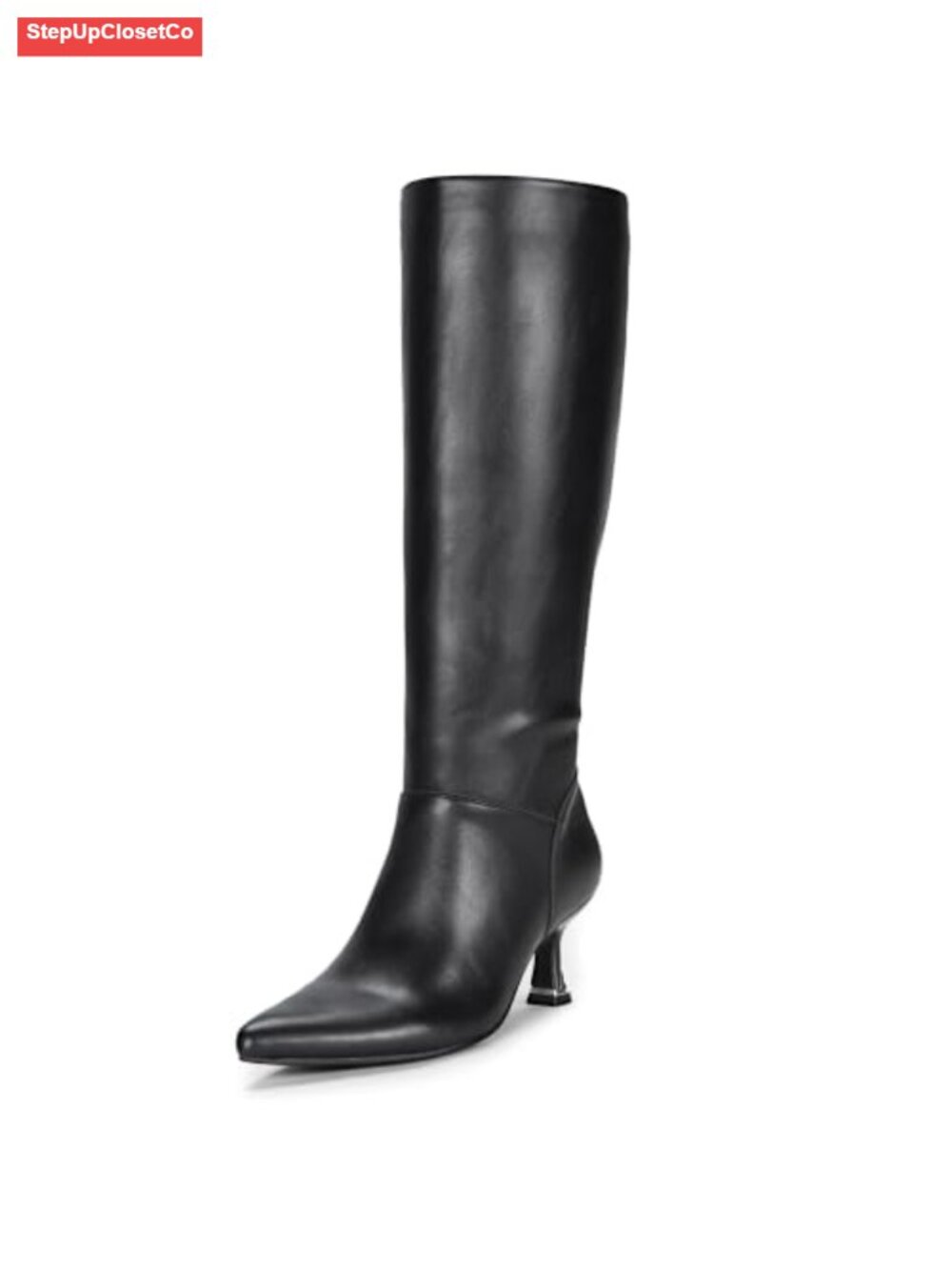 Pointed Toe Kitten Heel Knee High Dress Boots Faux Leather Zip